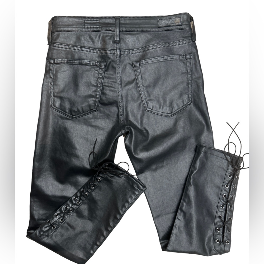 AG Goldschmied black faux leather high-rise skinny ankle side lace jeans 24/0